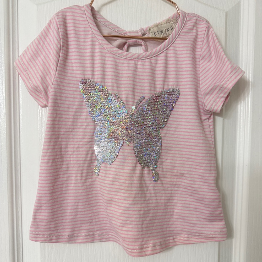 BTween Little Girls Flip Sequin Butterfly Striped Tee pink white Size 4/5